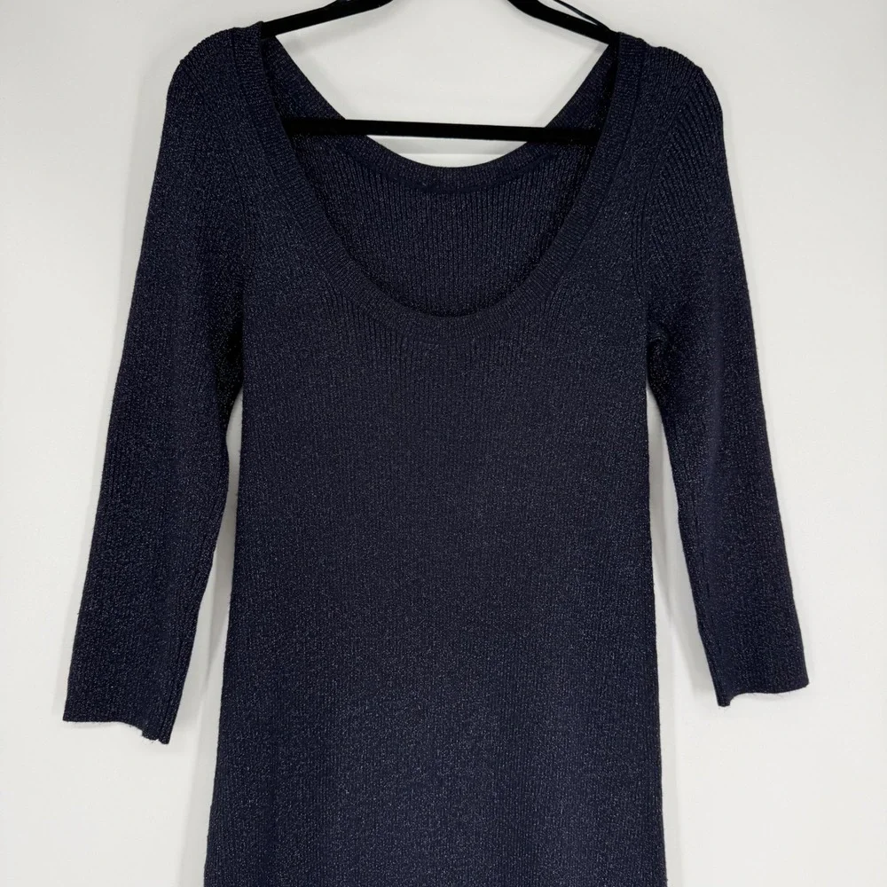 Anthropologie Navy Blue Metallic Ribbed Knit Scoop Neck Midi Dress Size Medium